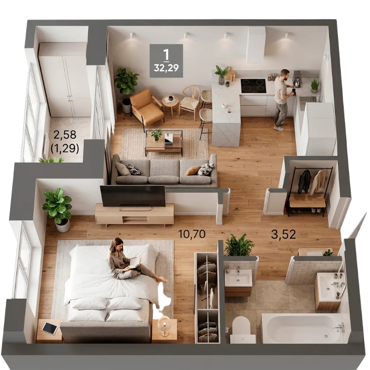 Планировка 1-комнатной квартиры 32,29 м²