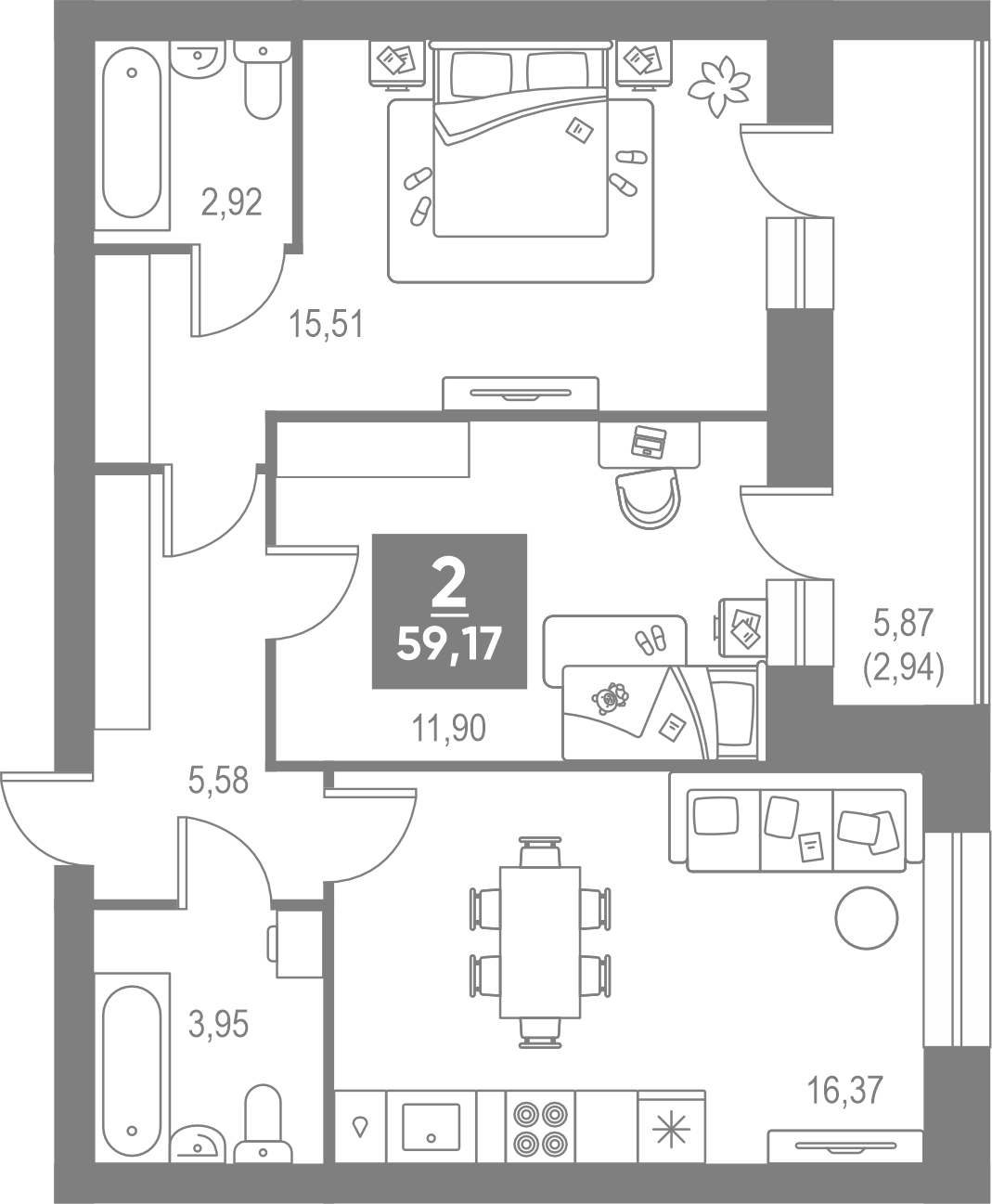 Планировка 2-комн. 59,17 м²